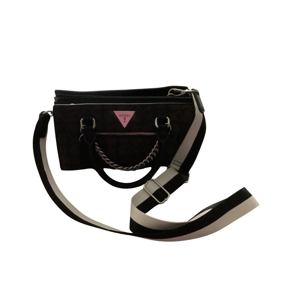 Guess Black Monogram‎ Satchel Crossbody Bag and Striped Strap